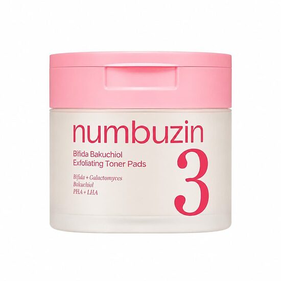 Maigi pīlinga padi ādas tekstūras izlīdzināšanai Numbuzin No.3 Bifida Bakuchiol Exfoliating Toner Pads